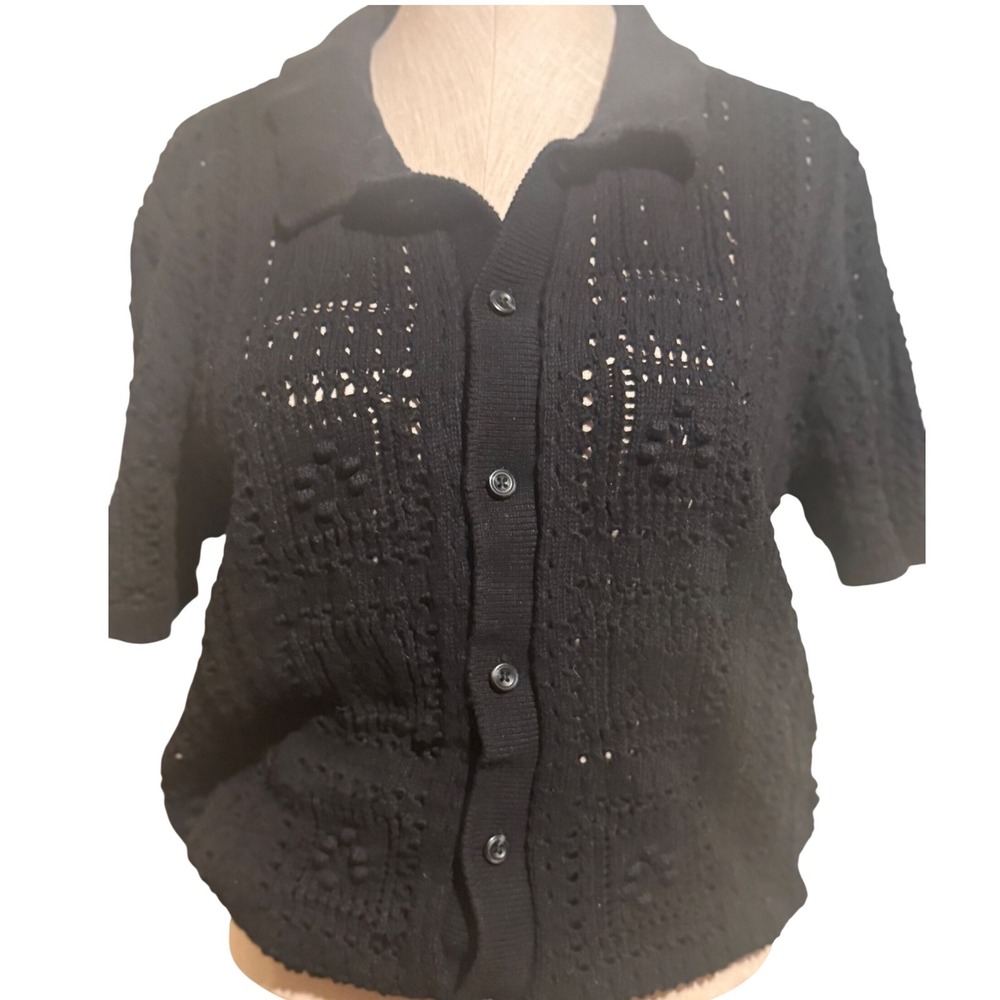 Black Crochet Cardigan M Short Sleeve Button Up Boho Knit Top Open Front Relaxed - Picture 2 of 10